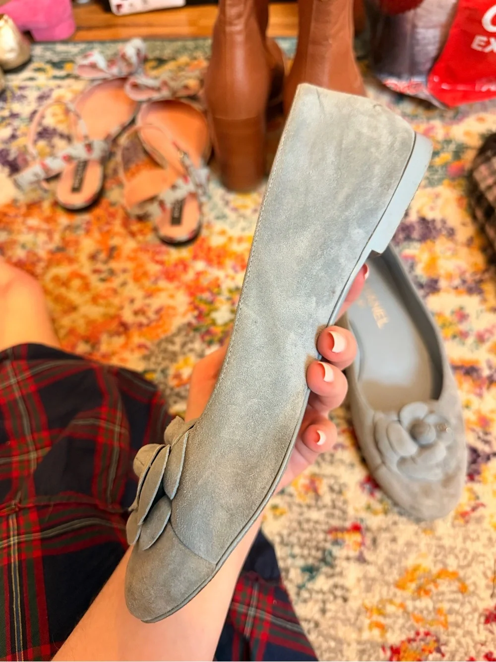 CHANEL Blue Suede Camellia Flats